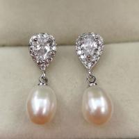Freshwater Pearl Drop Earring, with Zinc Alloy, silver color plated, Natural & fashion jewelry & with rhinestone, white, 8-9mm 