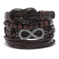 Wrap Bracelets, PU Leather, with Wax Cord & Wood & Zinc Alloy, Infinity, handmade, vintage & 4 pieces & adjustable & for man, brown Approx 18-23 cm 