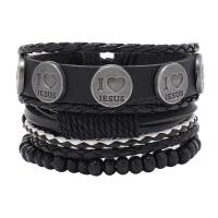 Wrap Bracelets, PU Leather, with Wax Cord & Zinc Alloy, handmade, 4 pieces & Unisex & adjustable, black Approx 18-23 cm 