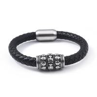 PU Leather Cord Bracelets, with 304 Stainless Steel, Skull, Vacuum Ion Plating, vintage & for man 8mm cm 