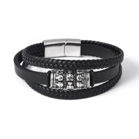 PU Leather Cord Bracelets, with 304 Stainless Steel, Skull, Vacuum Ion Plating, vintage & multilayer & for man cm 