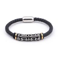 PU Leather Cord Bracelets, with 304 Stainless Steel, Vacuum Ion Plating, vintage & for man, black [
