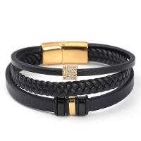 PU Leather Cord Bracelets, with 304 Stainless Steel, Vacuum Ion Plating, vintage & micro pave cubic zirconia & for man cm 