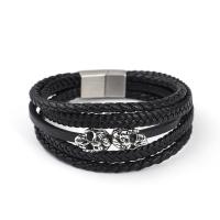 PU Leather Cord Bracelets, with 304 Stainless Steel, Skull, vintage & for man, black 
