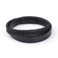 PU Leather Cord Bracelets, with 304 Stainless Steel, Vacuum Ion Plating, vintage & for man, black cm 