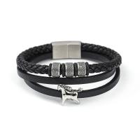 PU Leather Cord Bracelets, with 304 Stainless Steel, Horse, vintage & for man, black cm 
