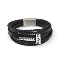 PU Leather Cord Bracelets, with 304 Stainless Steel, hammer, vintage & for man, black cm [