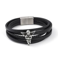 PU Leather Cord Bracelets, with 304 Stainless Steel, Angel, vintage & for man, black cm 
