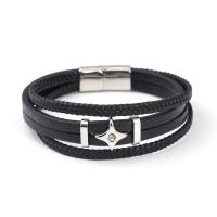 PU Leather Cord Bracelets, with 304 Stainless Steel, Cross, vintage & for man & with rhinestone, black cm [