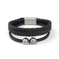 PU Leather Cord Bracelets, with 304 Stainless Steel, Buddha, vintage & for man, black cm 