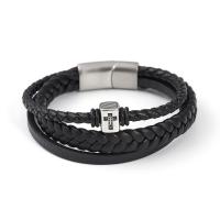 PU Leather Cord Bracelets, with 304 Stainless Steel, Cross, vintage & for man, black cm 