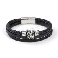 PU Leather Cord Bracelets, with 304 Stainless Steel, Elephant, vintage & for man, black cm 