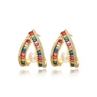 Cubic Zirconia Micro Pave Brass Earring, with Plastic Pearl, 18K gold plated, fashion jewelry & micro pave cubic zirconia & for woman, multi-colored [