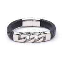 bracelet de cordon en PU , cuir PU, avec Acier inoxydable 304, poli, le style de punk & pour homme, noire cm, Vendu par PC[