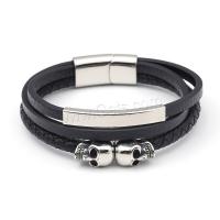 PU Leather Cord Bracelets, with 304 Stainless Steel, Skull, Vacuum Ion Plating, vintage & for man [