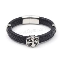 PU Leather Cord Bracelets, with 304 Stainless Steel, Cross, polished, vintage & for man, black 