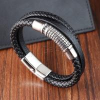 PU Leather Cord Bracelets, with 316L Stainless Steel, polished, vintage & for man, black cm 