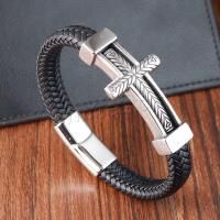 PU Leather Cord Bracelets, with 316L Stainless Steel, Cross, polished, vintage & for man, black cm [