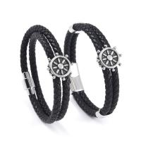 PU Leather Cord Bracelets, with 304 Stainless Steel, Ship Wheel, polished, vintage & for man 