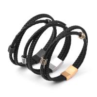 PU Leather Cord Bracelets, with 304 Stainless Steel, Vacuum Ion Plating, vintage & for man & with rhinestone 