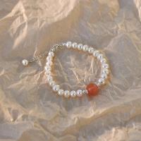 Cultured Freshwater Pearl Brass Bracelet, with Yunnan Red Agate & Brass, with 3cm extender chain, fashion jewelry & for woman, white, 5-5.5mm,9mm Approx 15.5 cm [
