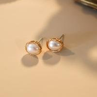 Freshwater Pearl Brass Earring, with Brass, fashion jewelry & for woman, white, 7-8mm 