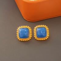 Brass Stud Earring, Square, gold color plated, fashion jewelry & for woman & enamel, blue [