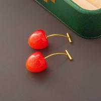 Brass Drop Earring, with Resin, Cherry, gold color plated, cute & fashion jewelry & for woman, red 