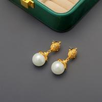 Brass Drop Earring, with Plastic Pearl, Round, gold color plated, vintage & fashion jewelry & for woman, white 