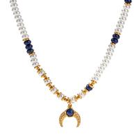 Gemstone Necklaces, 304 Stainless Steel, with Lapis Lazuli & Glass Pearl, with 2.17inch extender chain, 18K gold plated, fashion jewelry & for woman Approx 14.96 Inch 