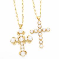 Brass Jewelry Necklace, with Plastic Pearl, with 5cm extender chain, Cross, plated, fashion jewelry golden cm [