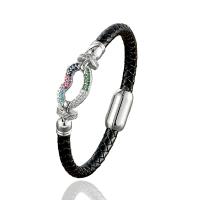 PU Leather Cord Bracelets, with 304 Stainless Steel, plated, Unisex & micro pave cubic zirconia, black Approx 21 cm 