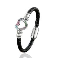PU Leather Cord Bracelets, with 304 Stainless Steel, plated, Unisex & micro pave cubic zirconia Approx 21 cm 