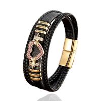 PU Leather Cord Bracelets, with 304 Stainless Steel, plated, Unisex & micro pave cubic zirconia Approx 21 cm [