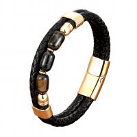 PU Leather Cord Bracelets, with Tiger Eye & 304 Stainless Steel, plated, Unisex black Approx 21 cm 