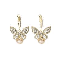 Zinc Alloy Rhinestone Drop Earring, with Plastic Pearl, Butterfly, gold color plated, for woman & with rhinestone & hollow 