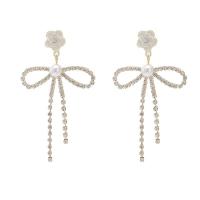 Zinc Alloy Rhinestone Drop Earring, with Plastic Pearl, Bowknot, gold color plated, for woman & enamel & with rhinestone 