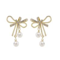 Zinc Alloy Rhinestone Drop Earring, with Plastic Pearl, Bowknot, gold color plated, for woman & with rhinestone & hollow 