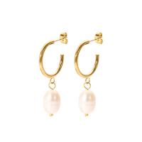 Freshwater Pearl Drop Earring, 304 Stainless Steel, with Freshwater Pearl, Vacuum Ion Plating, fashion jewelry & for woman, golden, 40mm 