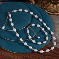 Ensembles de bijoux de perle d'eau douce en laiton, perle d'eau douce cultivée, Bracelet & collier, avec laiton, avec 5cm chaînes de rallonge, Plaqué or 18K, 2 pièces & bijoux de mode & pour femme, blanc, 7-8mm Environ 18 cm, Environ 40 cm, Vendu par fixé