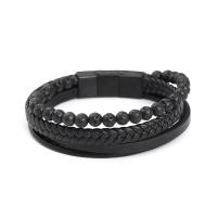 PU Leather Cord Bracelets, with Natural Stone & 304 Stainless Steel, vintage & for man, black .5 cm 