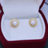Freshwater Pearl Brass Earring, with Brass, fashion jewelry & for woman & with rhinestone 6-7mm [