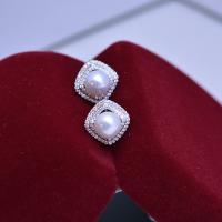 Freshwater Pearl Brass Earring, with Brass, fashion jewelry & for woman & with rhinestone, white, 7-8mm [