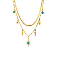 Titanium Steel Jewelry Necklace, with turquoise, with 1.97inch extender chain, plated, Double Layer & fashion jewelry & for woman, golden Approx 14.96 Inch, Approx 16.93 Inch [