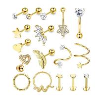 304 Stainless Steel Body Piercing Jewelry Set, Vacuum Ion Plating, 17 pieces & Unisex & micro pave cubic zirconia 