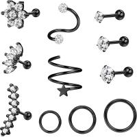 304 Stainless Steel Body Piercing Jewelry Set, Vacuum Ion Plating, eleven pieces & Unisex & micro pave cubic zirconia 1.2x6/8/10mm 