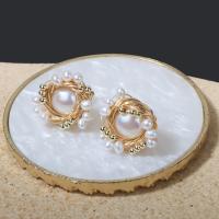 Freshwater Pearl Stud Earring, gold color plated, fashion jewelry & for woman, white, 20mm 