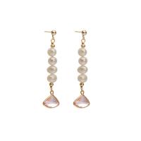 Freshwater Pearl Brass Earring, with Cubic Zirconia & Brass, Fan, 18K gold plated, fashion jewelry & for woman, mixed colors 