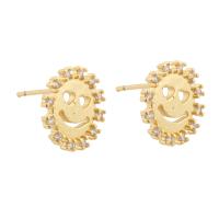 Brass Earring Stud Component, Smiling Face, gold color plated, fashion jewelry & micro pave cubic zirconia & for woman, golden [