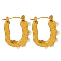 Titanium Steel Earrings, with Plastic Pearl, gold color plated, fashion jewelry & for woman 